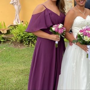 Purple off the shoulder bridesmaid dress